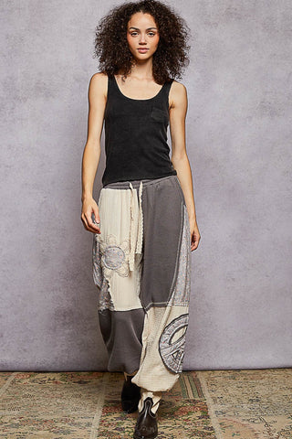 POL Double Gauze Mix Patch Floral Pattern Thermal Knit Pants- Stone Charcoal