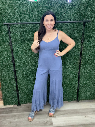 Cozy co tie back tier wide leg jumpsuit denim blue