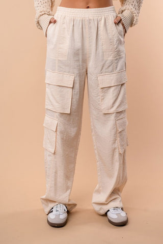 White Birch high-waisted solid woven cargo pants with an elastic waist- Ecru
