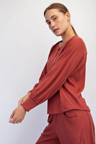 Rae Mode Waffle Knit Long Sleeve Lounge Top Brick