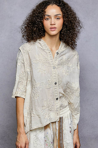 POL Embroidered Floral Hooded Button Top Natural – Effortless Boho Style