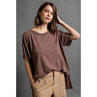 Rae Mode - Brown Mineral Washed Short Sleeve Top with Side Slit