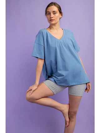 Rae Mode- DK Chambray V-Neck Reversible Short Sleeve Top