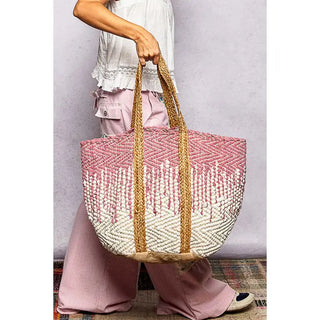 POL - Ivory/Pink Denim Crochet Woven Tote Bag