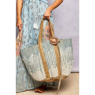 POL - Ivory/Sky Denim Crochet Woven Tote Bag
