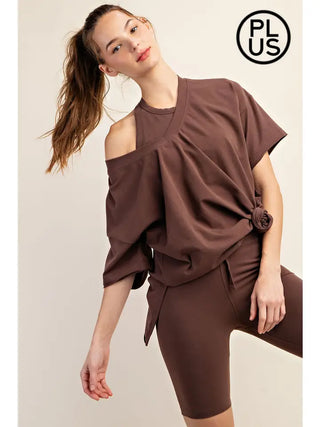 Rae Mode- Brown Deep V-Neck Reversible Short Sleeve Top