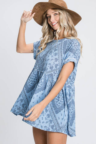 BUCKETLIST - Babydoll Loose Roll up Short Sleeves Top -Blue