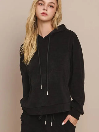Yelete Black Ribbed Hoodie Pullover - Black