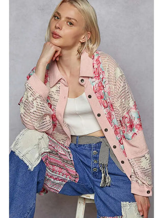 POL - Balloon Sleeve Raw Edge Floral Printed Shirts - Pink