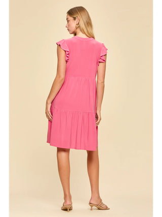Dear Scarlett Flutter Sleeve Tiered Dress- Pink Glow