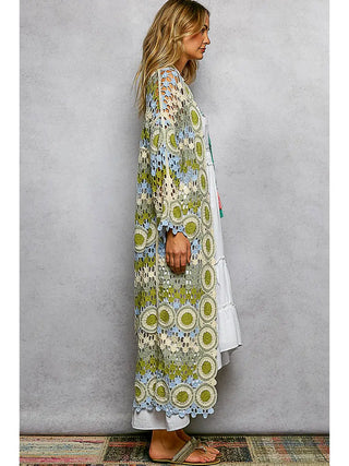 POL Boho Crochet Long Kimono Cardigan – Lightweight Open Knit Duster Sage Multi