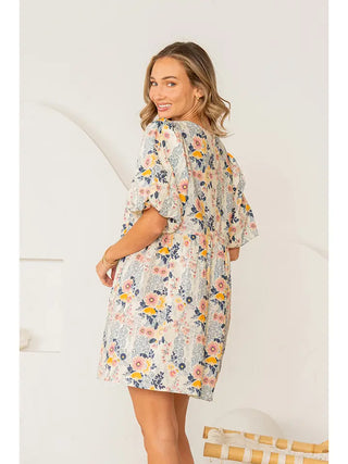 Sew In Love - Relaxed Fit Floral Lace Up Puff Sleevess Dress