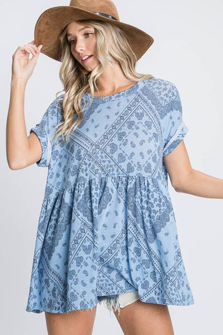 BUCKETLIST - Babydoll Loose Roll up Short Sleeves Top -Blue