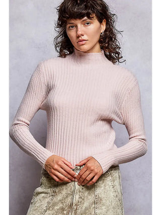 POL - Fitted Mock Neck Rib Knit Stretch Sweater - Pale Pink
