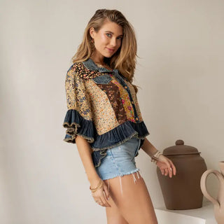 Young Threads - Distressed Denim Crop Jacket Latte