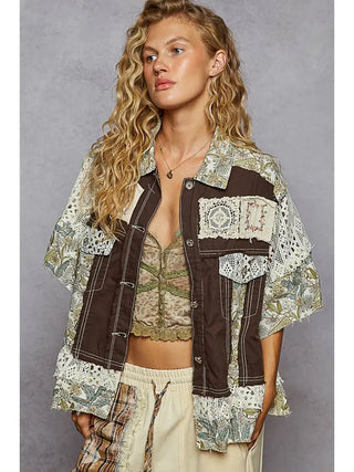 POL - Short Sleeve Lace Embroidered Denim Jacket