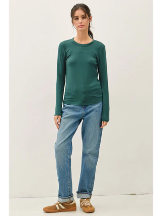 Be Cool - Round Neck Long Sleeve Knit Top - Forest Green