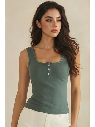 Yelete Ribbed Scoop Neck Tank Top - Smokey Olive