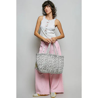 POL - Ivory Grey Bohemian Roomy Fit Floral Print Woven Tote Bag
