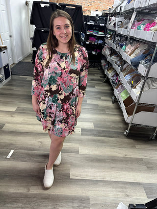 Dear Scarlett Round Neck Mocha Floral Dress