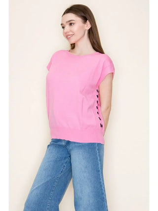White Birch Pink Knit Top with Side Lace Detail
