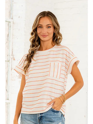 Sew in Love - Cuff Sleeves Striped Top with Chest Pocket - Ivory/Peach