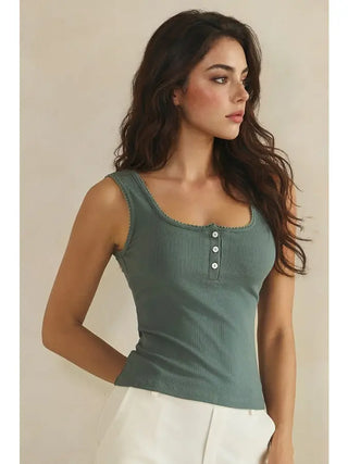 Yelete Ribbed Scoop Neck Tank Top - Smokey Olive