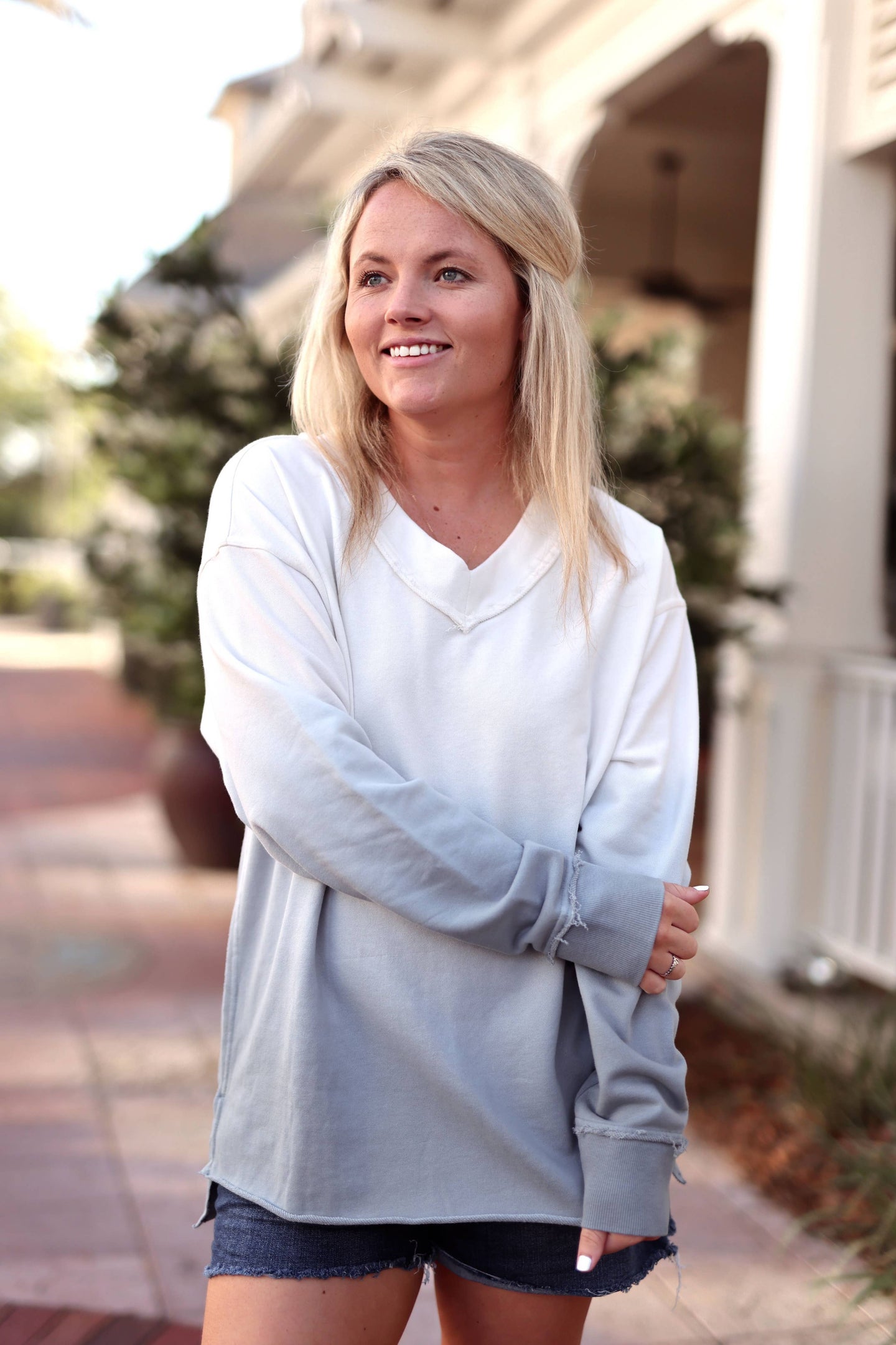 Jadelynn Brooke - Oversized Terry V-Neck Pullover- Autumn Sky (Slate/Cream)