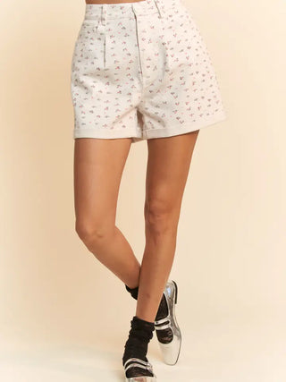 Davi & Dani - Floral Ditsy Cotton Twill Shorts with Pockets - White