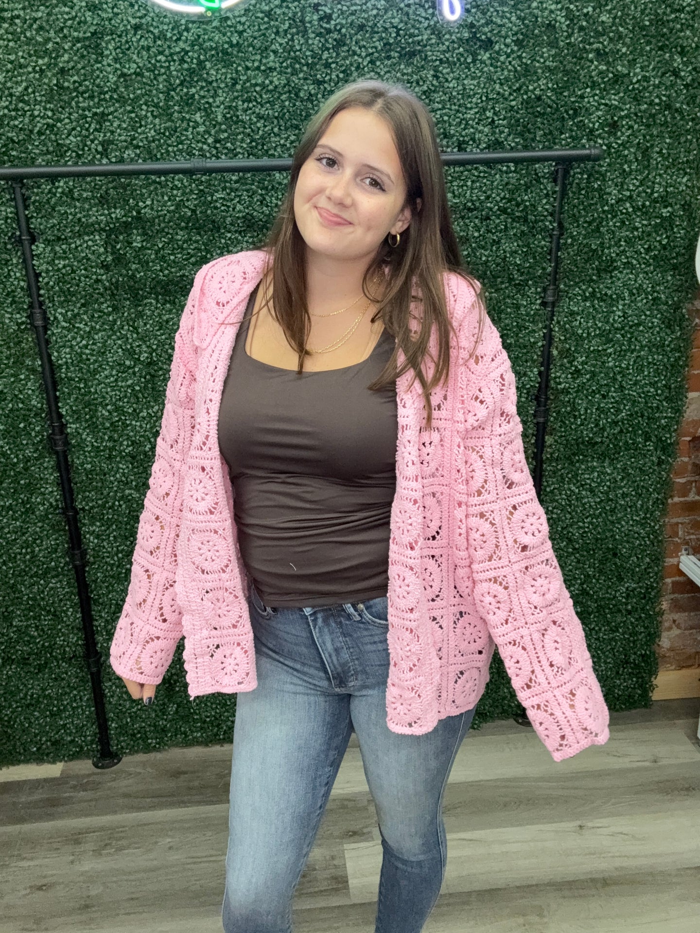 POL V-Neck Long Sleeve Crochet Cardigan