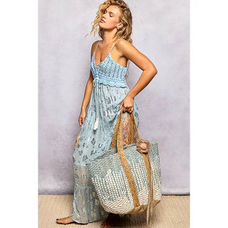 POL - Ivory/Sky Denim Crochet Woven Tote Bag