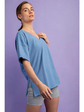 Rae Mode- DK Chambray V-Neck Reversible Short Sleeve Top