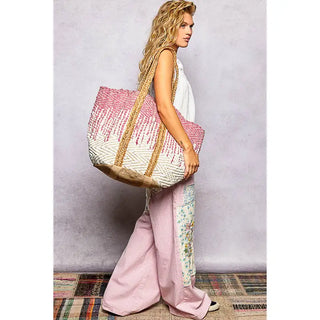 POL - Ivory/Pink Denim Crochet Woven Tote Bag