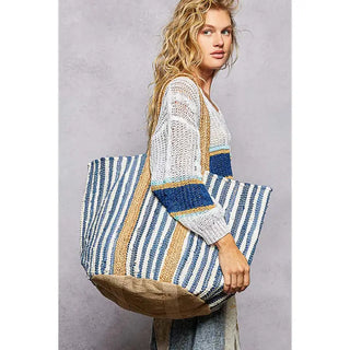 POL - Ivory/Denim Cotton Weave Stripe Denim Tote Bag