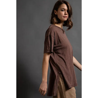 Rae Mode - Brown Mineral Washed Short Sleeve Top with Side Slit