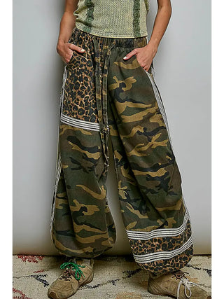 Pol Clothing - Printed Woven Contrast Band Trim Jogger Pants