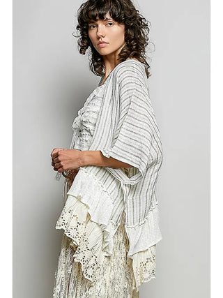 POL - Eyelet Lace Ruffle Stripe Pattern Cardigan Top -Natural