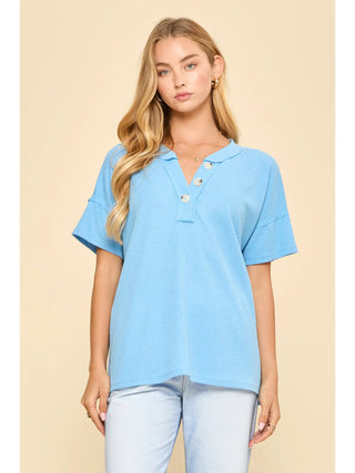 Andree by Unit Waffle Knit Henley Top - Ocean Blue