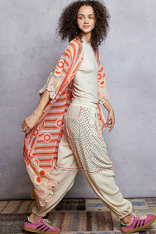 POL Boho Crochet Lace Kimono Cardigan – Lightweight Open-Front Layer Orange Multi