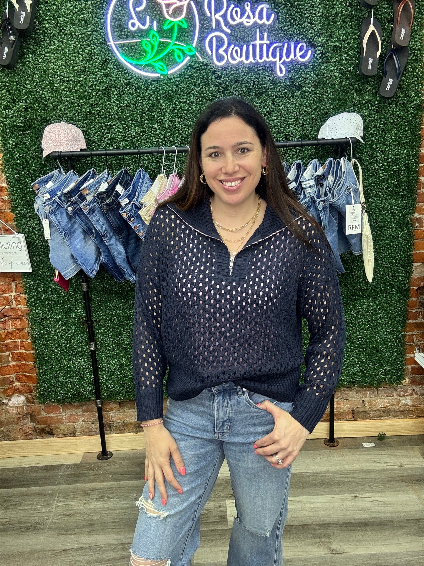 WHITE BIRCH Crochet 1/4 Zip up - Navy - T10534
