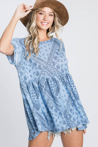 BUCKETLIST - Babydoll Loose Roll up Short Sleeves Top -Blue