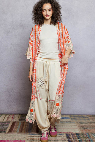 POL Boho Crochet Lace Kimono Cardigan – Lightweight Open-Front Layer Orange Multi
