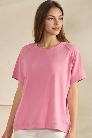 Yelete Everyday Soft Ribbed Loose Fit Short Sleeve Top Pink