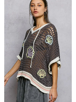 POL - V-Neck Shell Embroidered Sweater