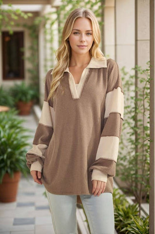 HEIMISH - LONG SLEEVE MANDARIN COLLAR SOLID CONTRAST TOP