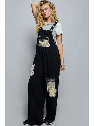 Pol - Textured Knit Patchwork Straight Leg Overalls