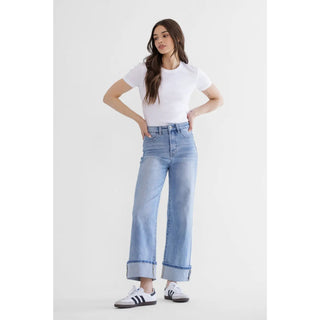 Mica Super High Rise Wide Leg Jeans with Cuffed Hem – Light Wash | Boutique Denim