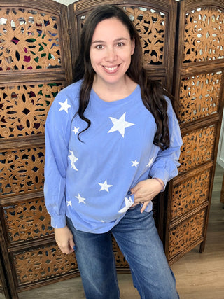 Easel - Peri Blue Plus Size Star Printed Washed Top