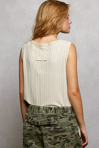 Pol Lace Trim Ribbed Sleeveless Tank Top Beige
