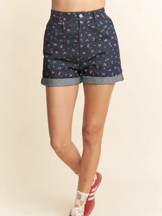 Davi & Dani - Floral Ditsy Cotton Twill Shorts with Pockets - Dark Denim